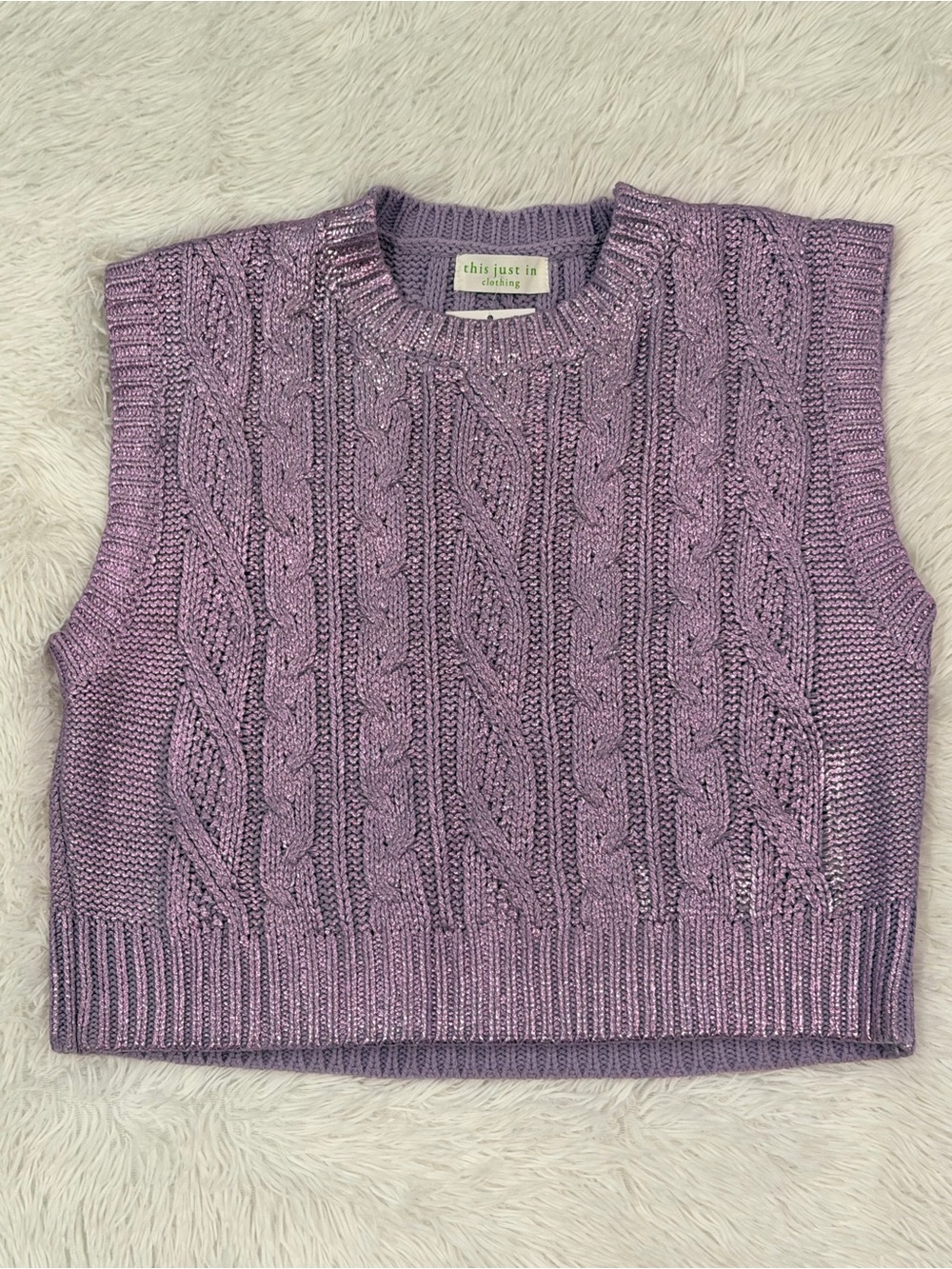 Lavender Metallic Cable-Knit Sleeveless V-Neck Sweater